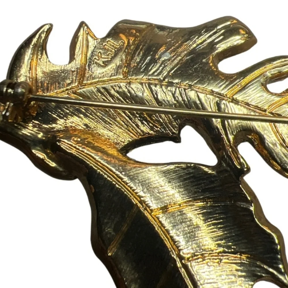 KJL Kenneth Jay Lane Vintage Jeweled Leaf Brooch Gold Tone Rhinestone Statement